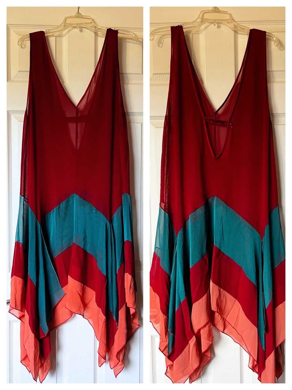 1920s Colorblock Flapper Dress in burgundy, teal, and pink